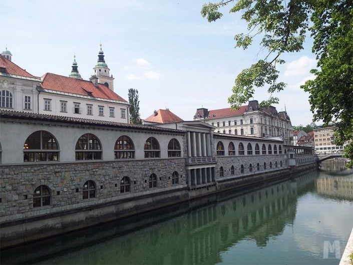 Mercado central y río Liublianica, Eslovenia